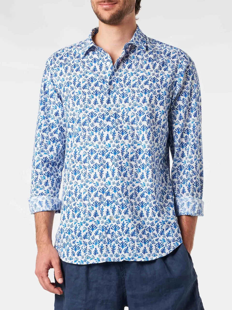 mc2-saint-barth-sikelia-camicia-uomo-cotone-mussola-stampa-foglie-blu image 1