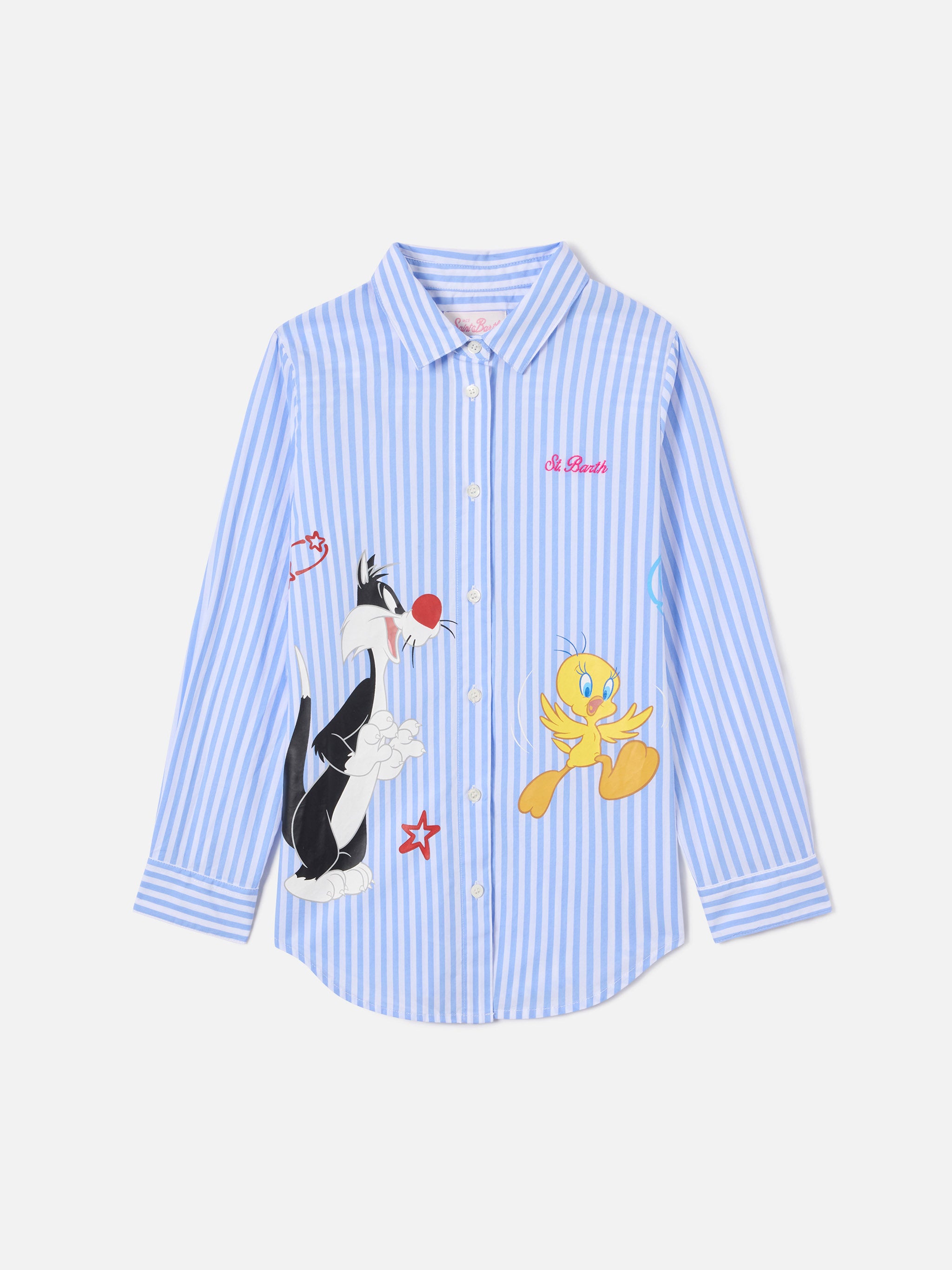 mc2-saint-barth-mini-brigitte-camicia-bambina-righe-bianche-azzurre-looney-tunes image 1