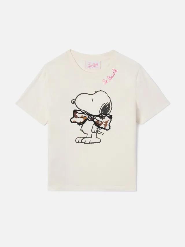 mc2-saint-barth-t-shirt-elly-bambina-in-cotone-panna-con-stampa-snoopy-e-fiocco- image 1