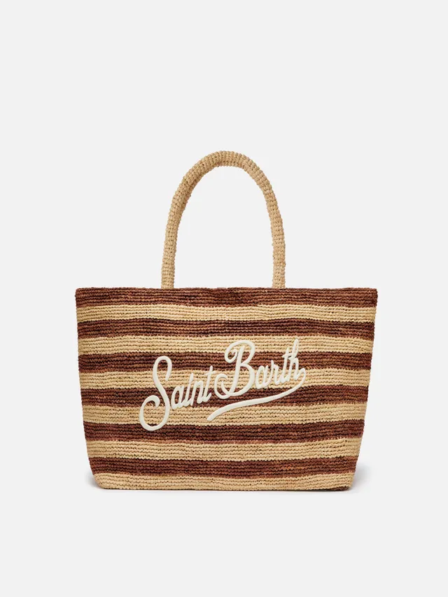 borsa-beach-mc2-saint-barth-in-raffia-a-righe-marroni-con-logo-ricamato image 1