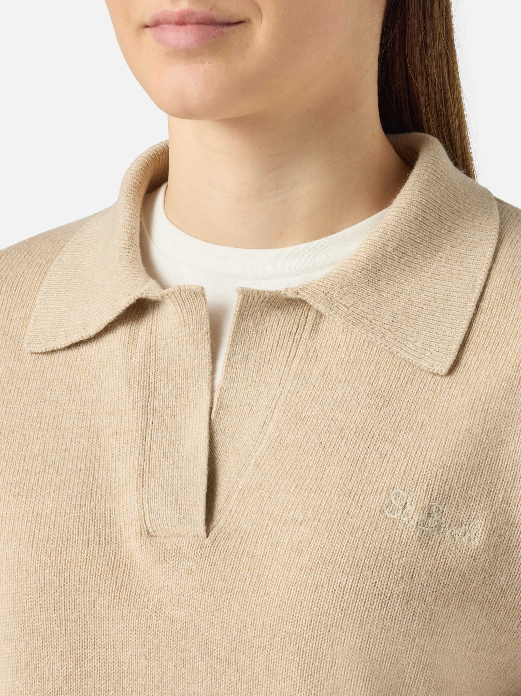 mc2-saint-barth-maglione-eze-donna-in-misto-cashmere-beige-collo-polo image 2