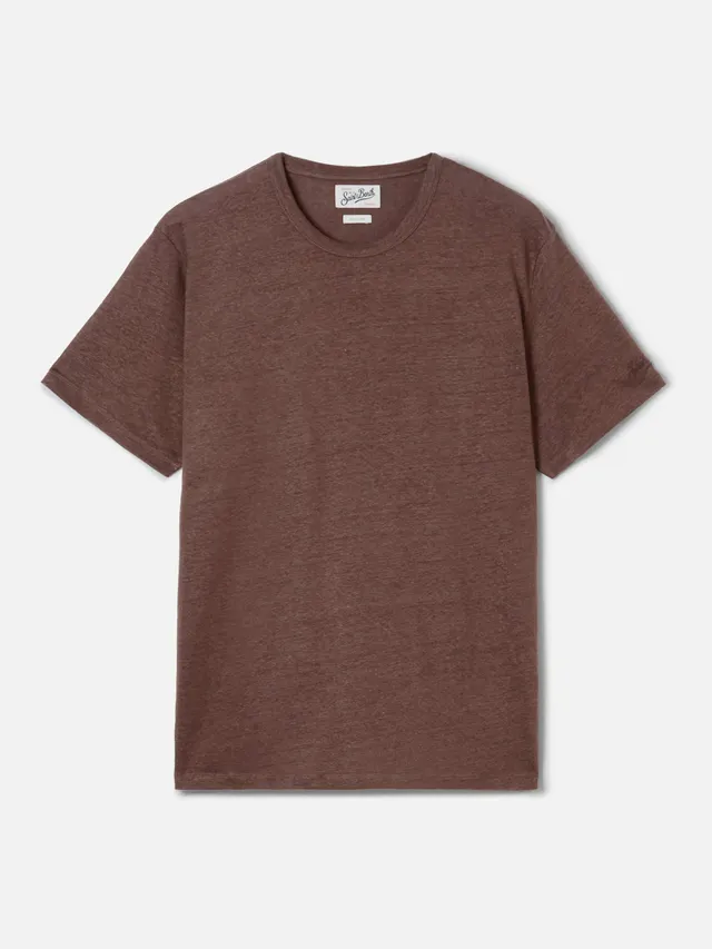mc2-saint-barth-ecstasea-t-shirt-uomo-in-puro-lino-marrone-con-logo-ricamato image 1