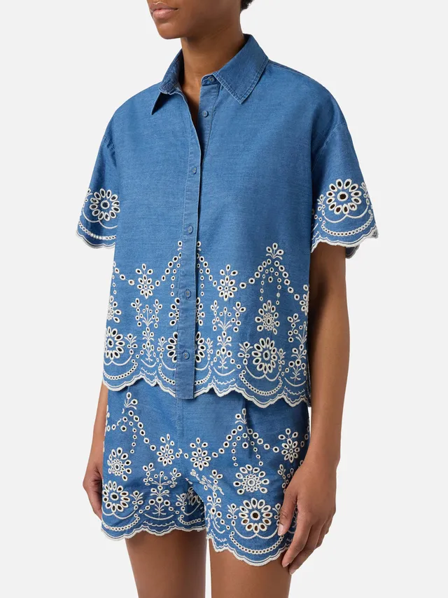 mc2-saint-barth-camicia-donna-clementine-chambray-blu-con-ricamo-floreale image 1