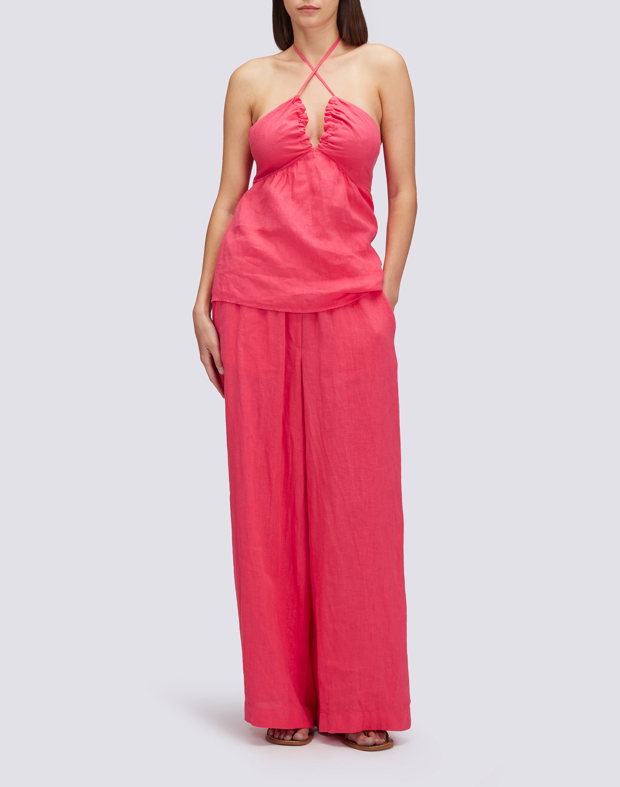 sundek-top-donna-in-lino-tinto-capo-smanicato-scollo-a-v image 1