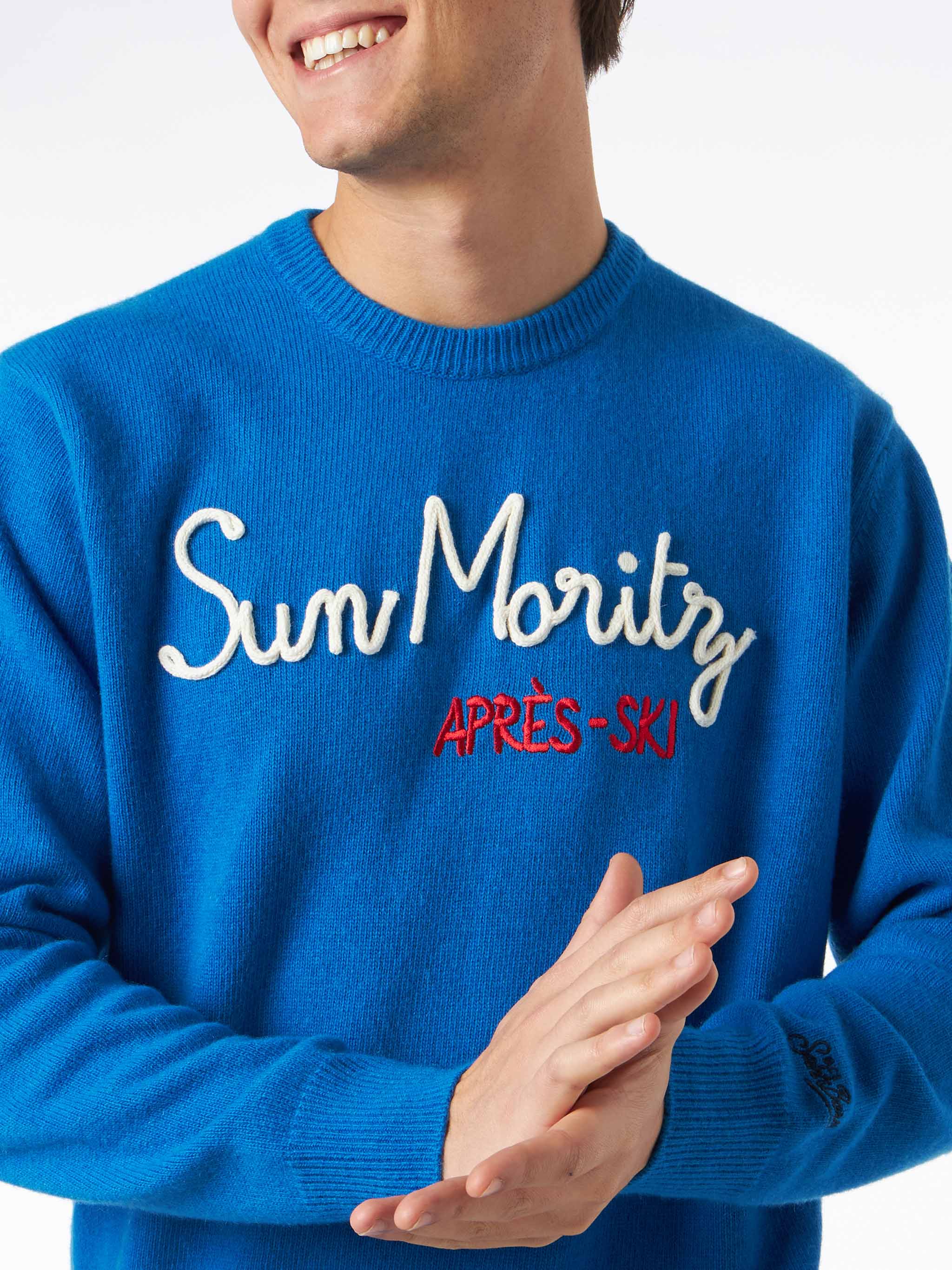 mc2-saint-barth-heron-maglia-uomo-bluette-tinta-unita-ricamo-st-moritz-apr-s-ski image 2