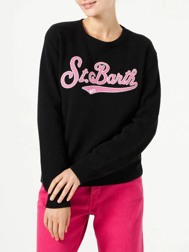 mc2-saint-barth-new-queen-maglione-donna-nero-logo-spugna-rosa image 1