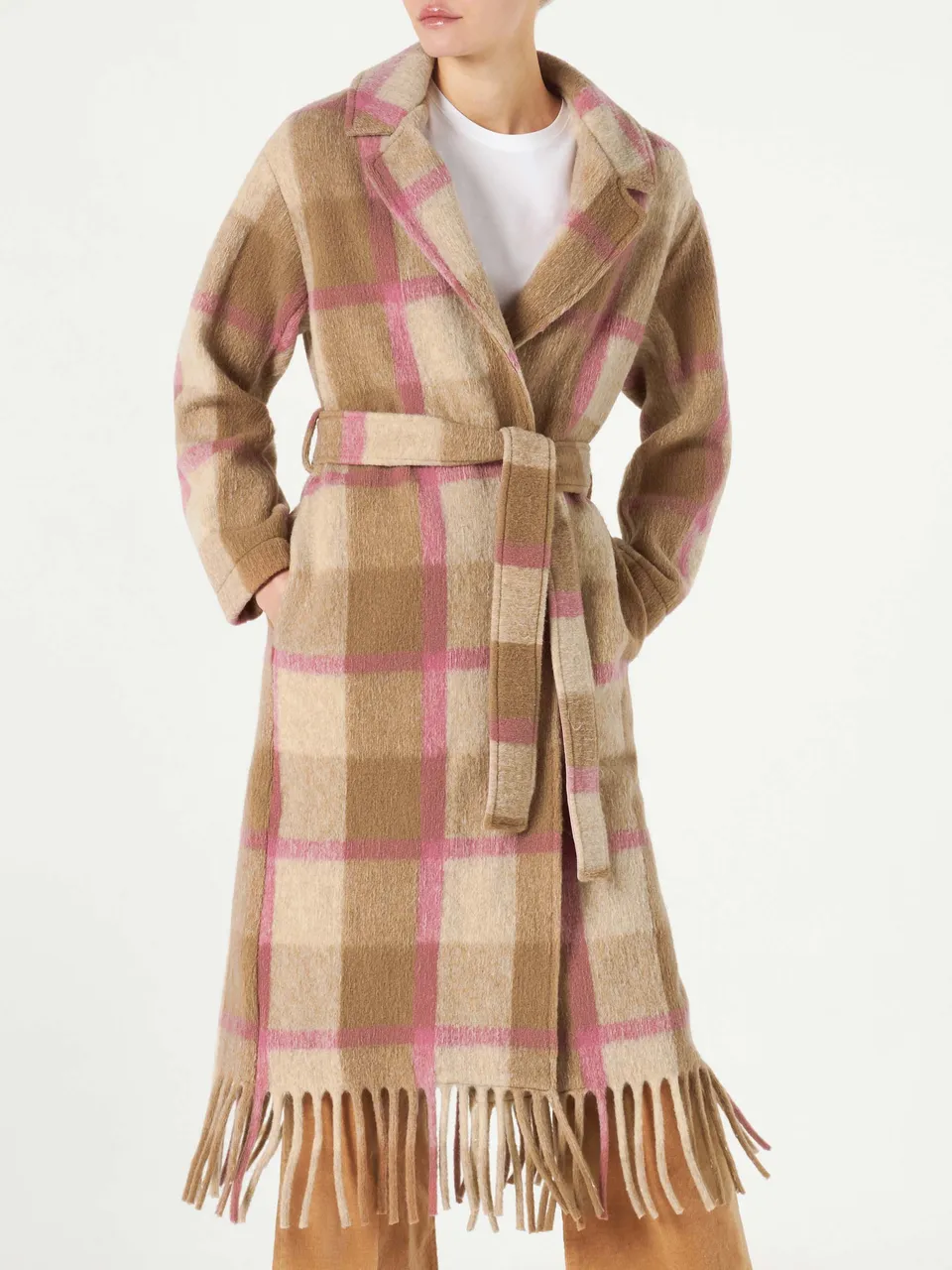 mc2-saint-barth-cappotto-lungo-charlot-con-frange-a-quadri-marrone-e-rosa image 1