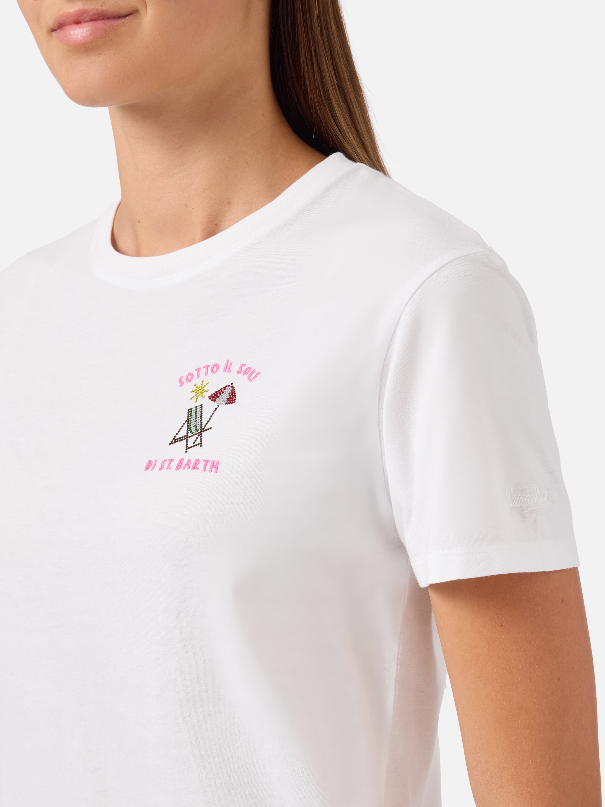 mc2-saint-barth-emily-t-shirt-donna-bianca-ricamo-strass-sotto-al-sole image 1