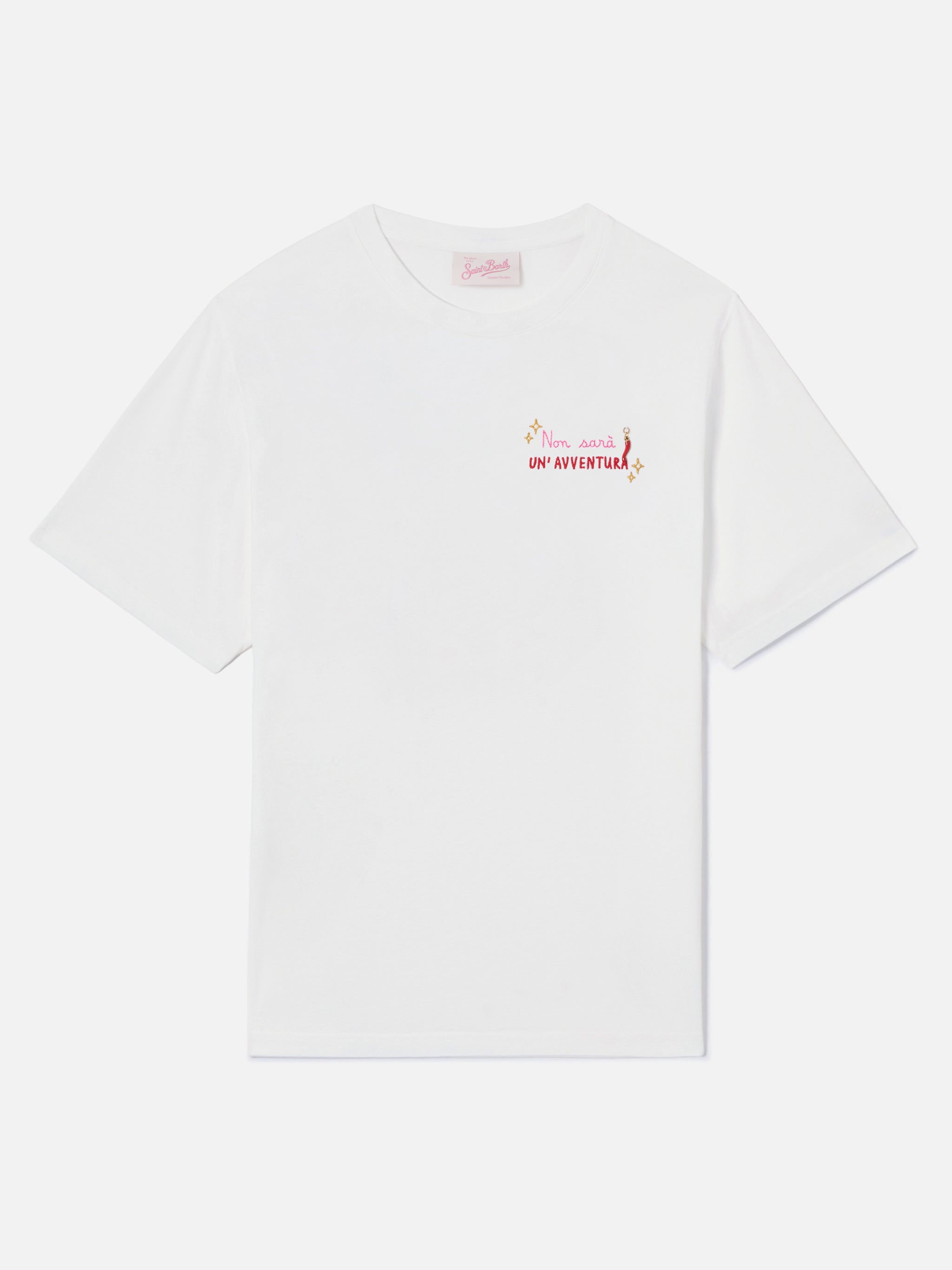 mc2-saint-barth-t-shirt-emilie-donna-bianca-ricamo-non-sar-un-avventura-con-char image 2