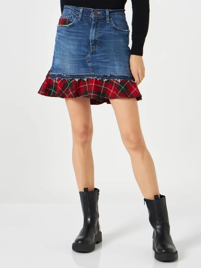 mc2-saint-barth-gonna-chelsy-donna-denim-blu-con-dettagli-tartan-rossi image 1
