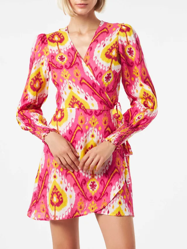 mc2-saint-barth-abito-corto-in-lino-brillante-con-stampa-ikat-fucsia-e-giallo image 1