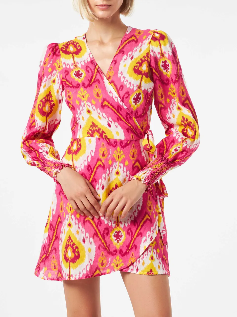 mc2-saint-barth-abito-corto-in-lino-brillante-con-stampa-ikat-fucsia-e-giallo image 1