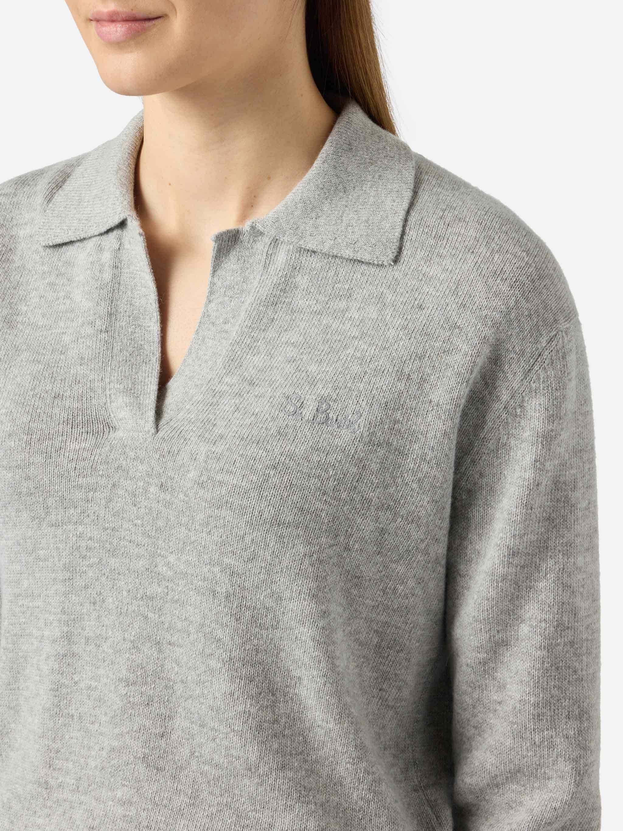 mc2-saint-barth-eze-maglione-donna-grigio-m-lange-collo-polo-misto-cashmere image 2