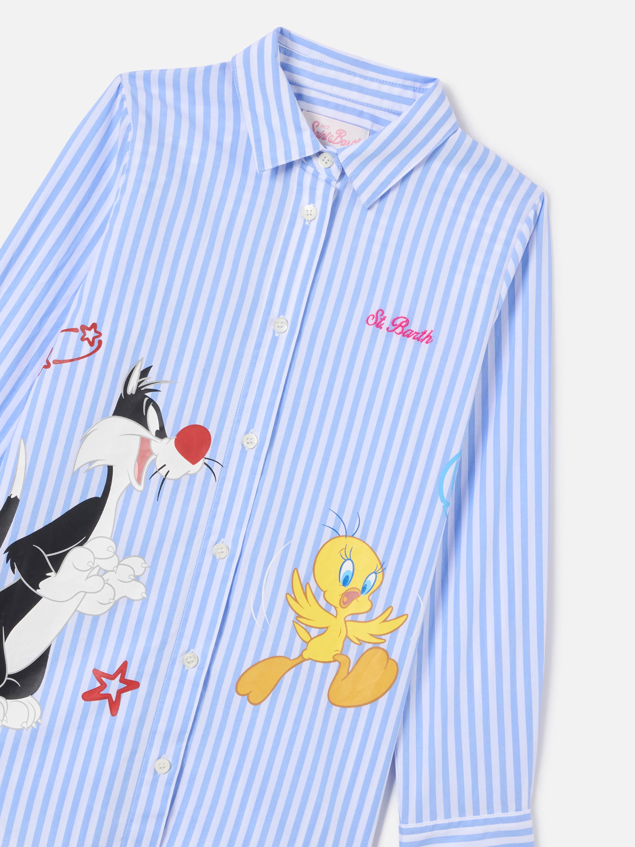 mc2-saint-barth-mini-brigitte-camicia-bambina-righe-bianche-azzurre-looney-tunes image 2
