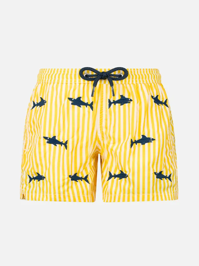 mc2-saint-barth-jean-costume-mare-bambino-giallo-seersucker-ricamo-squali image 1