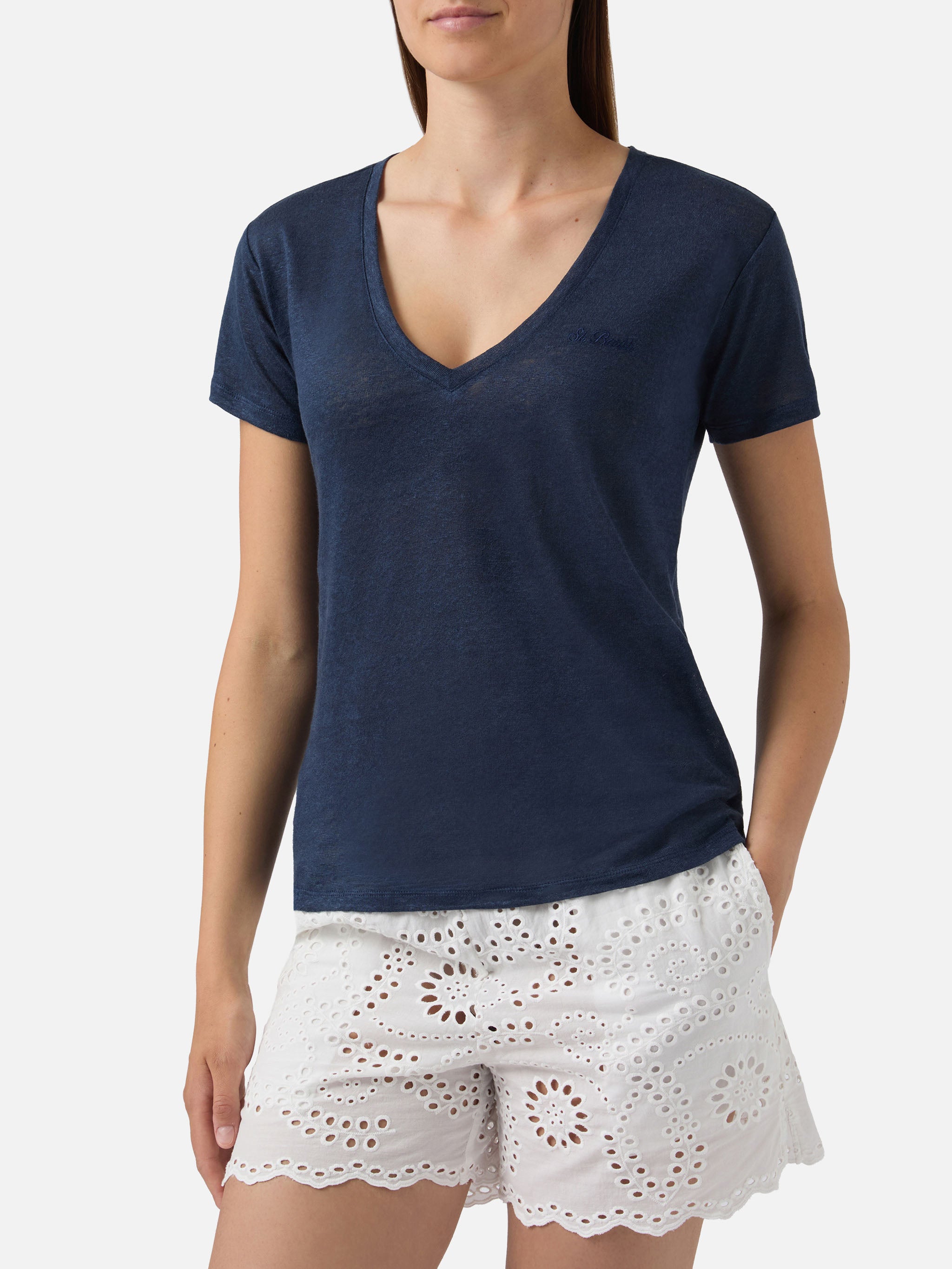 mc2-saint-barth-t-shirt-eloise-in-lino-blu-con-logo-ricamato image 2