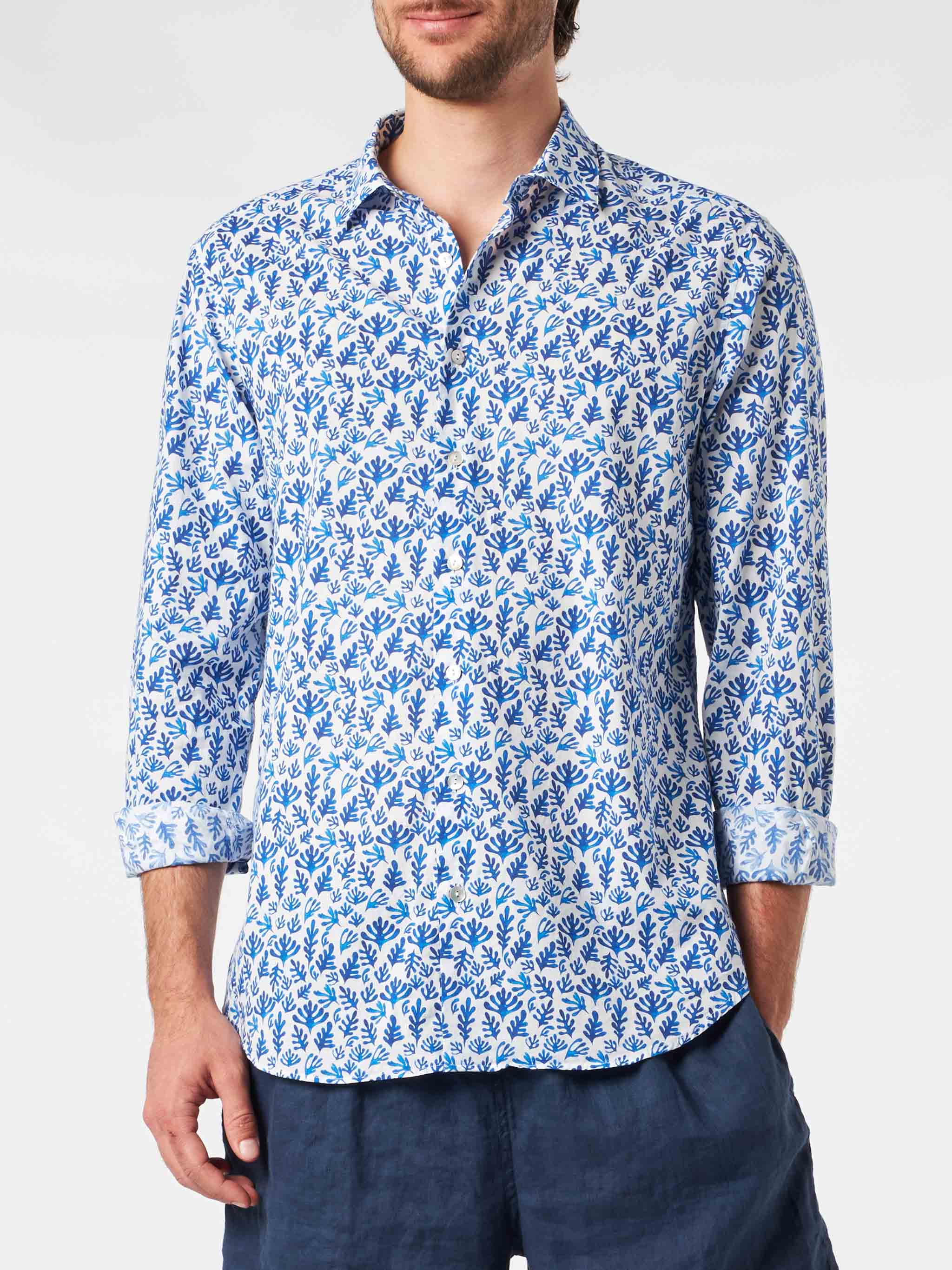 mc2-saint-barth-sikelia-camicia-uomo-cotone-mussola-stampa-foglie-blu image 1