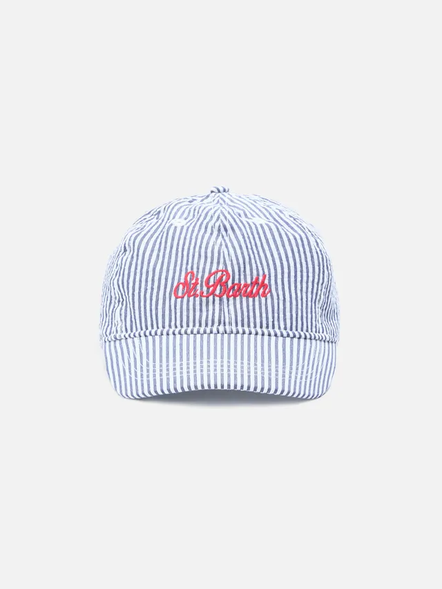 mc2-saint-barth-baseball-cappellino-con-visiera-in-cotone-seersucker-a-righe-blu image 1