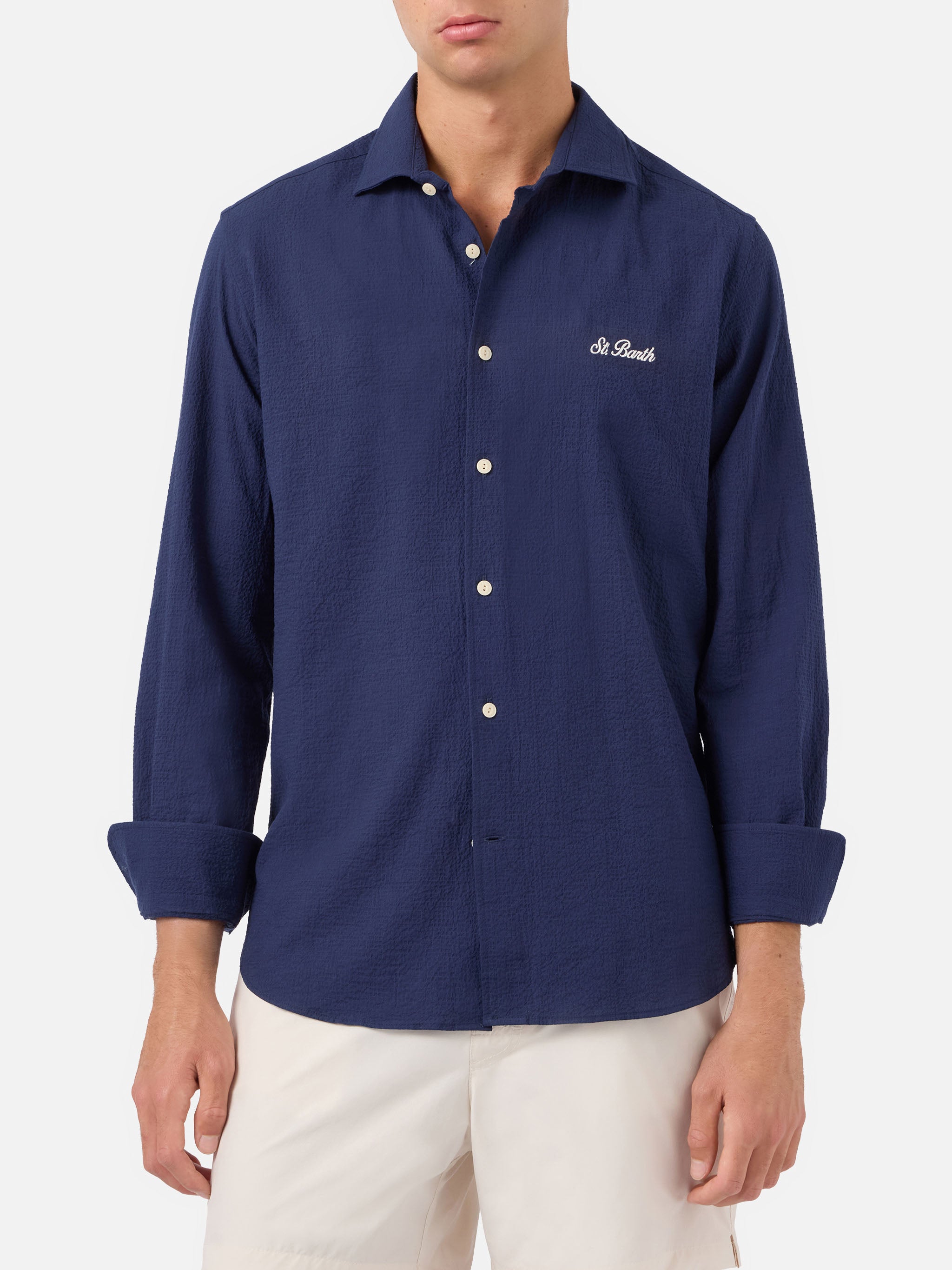 mc2-saint-barth-camicia-uomo-pamplona-seersucker-blu-con-ricamo image 1