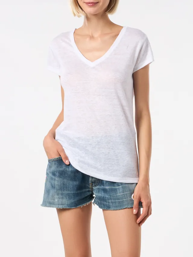 mc2-saint-barth-t-shirt-eloise-in-lino-bianco-tinta-unita-scollo-a-v-maniche-cor image 1