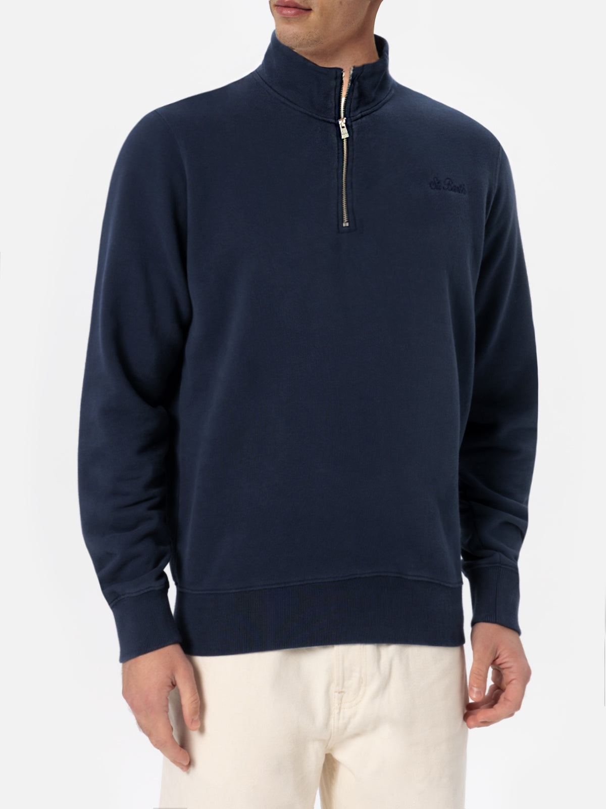 mc2-saint-barth-felpa-dunkan-uomo-blu-navy-mezza-zip-in-cotone-con-ricamo-logo image 3