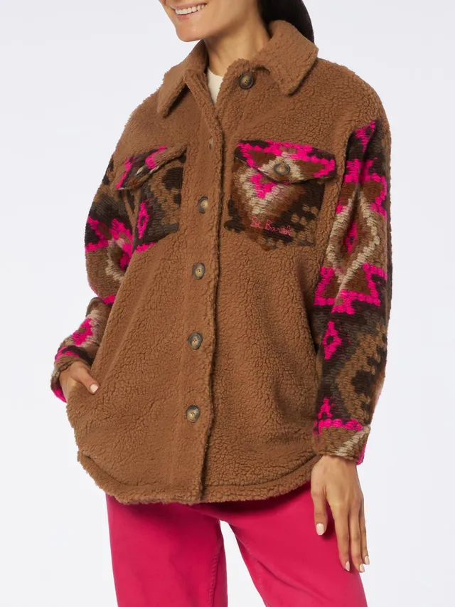 giacca-elys-overshirt-mc2-saint-barth-in-sherpa-marrone-con-stampa-etnica-su-man image 1