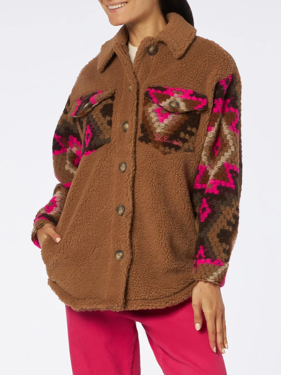giacca-elys-overshirt-mc2-saint-barth-in-sherpa-marrone-con-stampa-etnica-su-man image 1