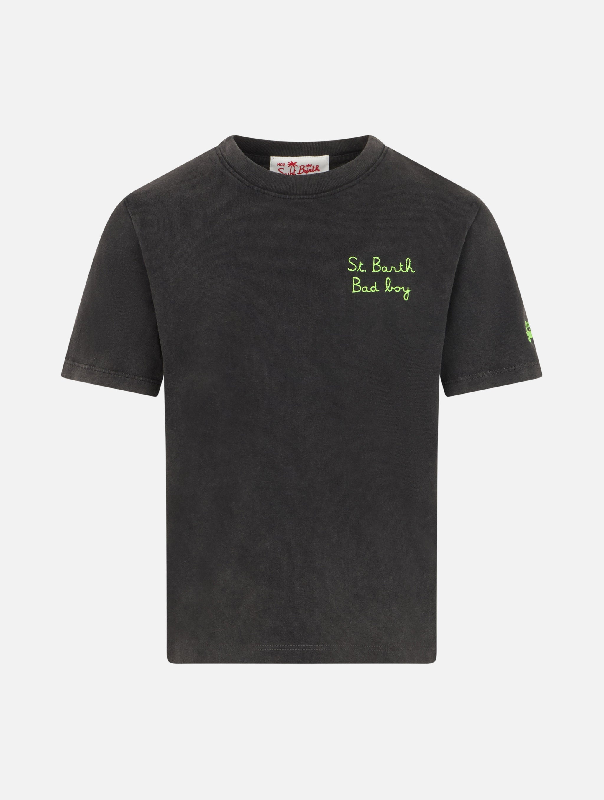 mc2-saint-barth-josh-t-shirt-bambino-in-cotone-nero-con-ricamo-bad-boy-giallo-fl image 1