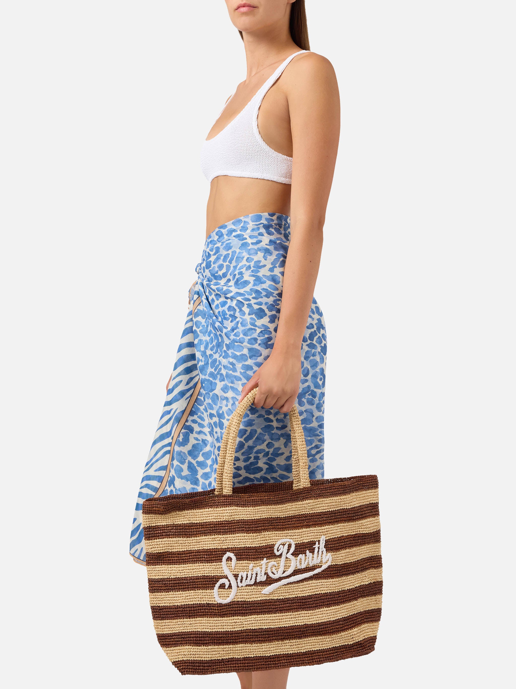 borsa-beach-mc2-saint-barth-in-raffia-a-righe-marroni-con-logo-ricamato image 2