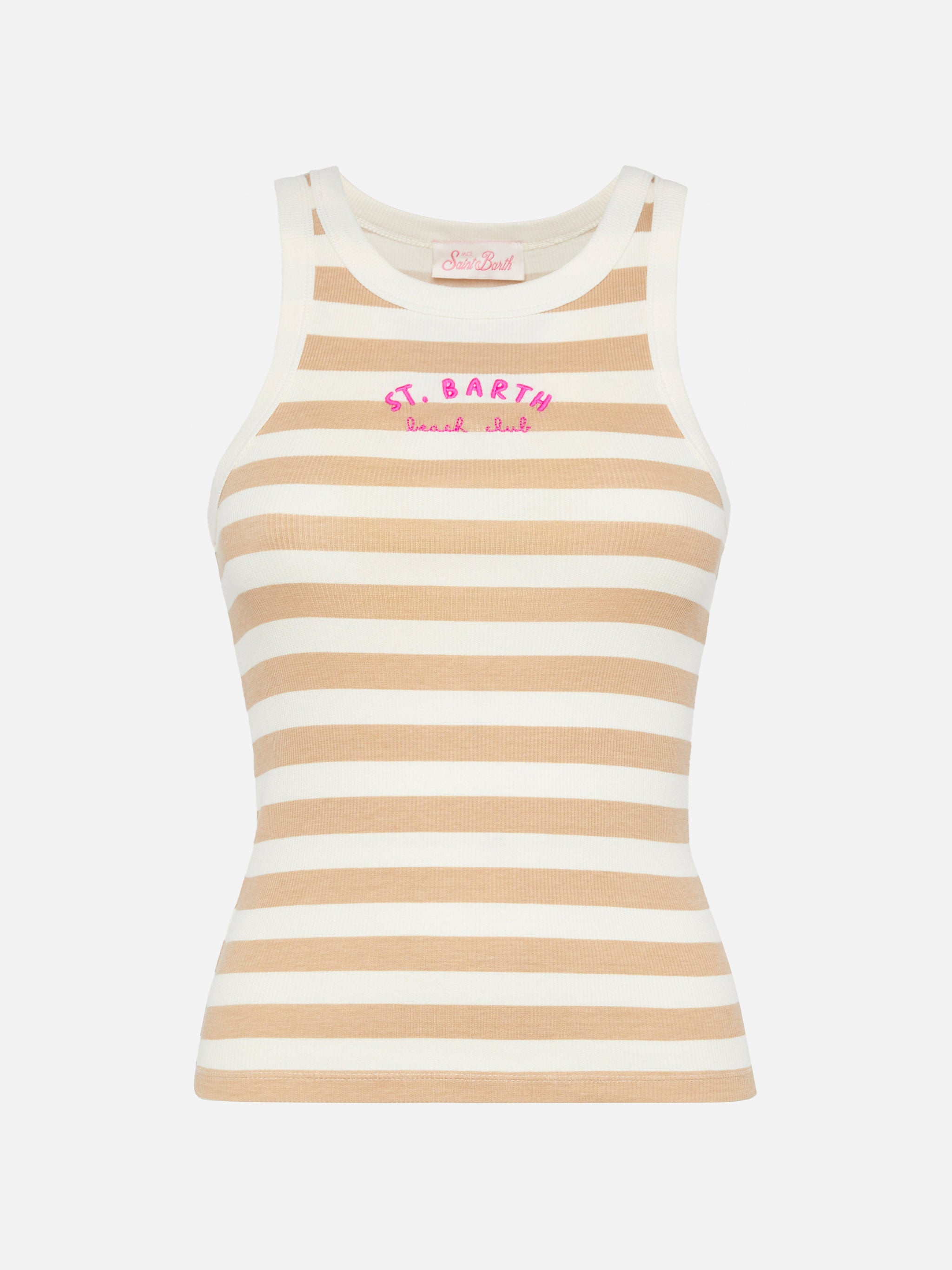 mc2-saint-barth-ada-canotta-donna-in-cotone-a-coste-a-righe-beige image 1