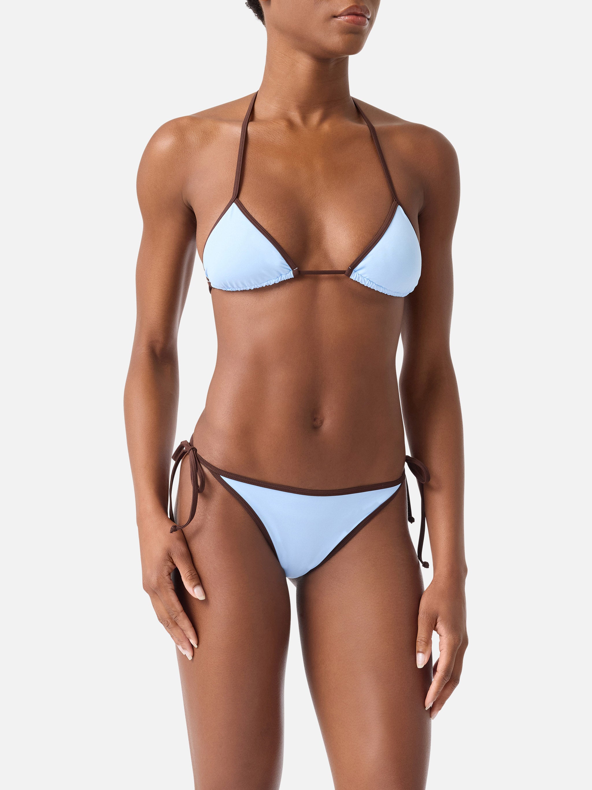 mc2-saint-barth-bikini-leah-virgo-donna-triangolo-marrone-con-bordi-azzurri image 2