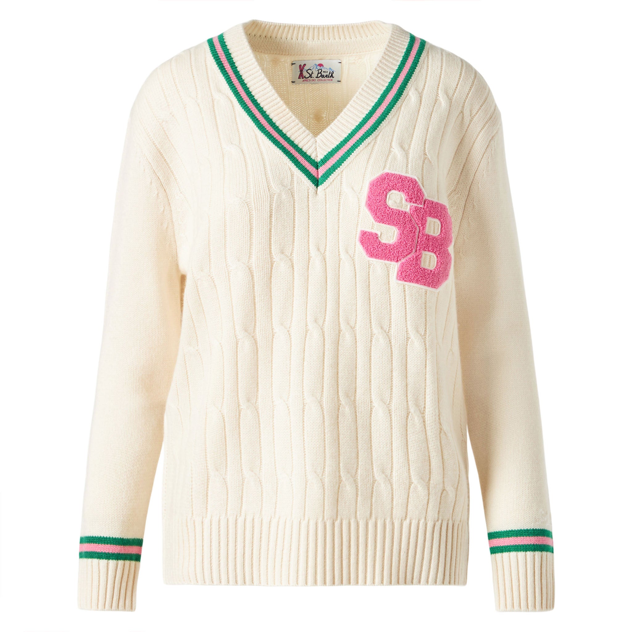 mc2-saint-barth-roger-maglia-donna-scollo-v-cashmere-misto-bianca-con-patch image 5
