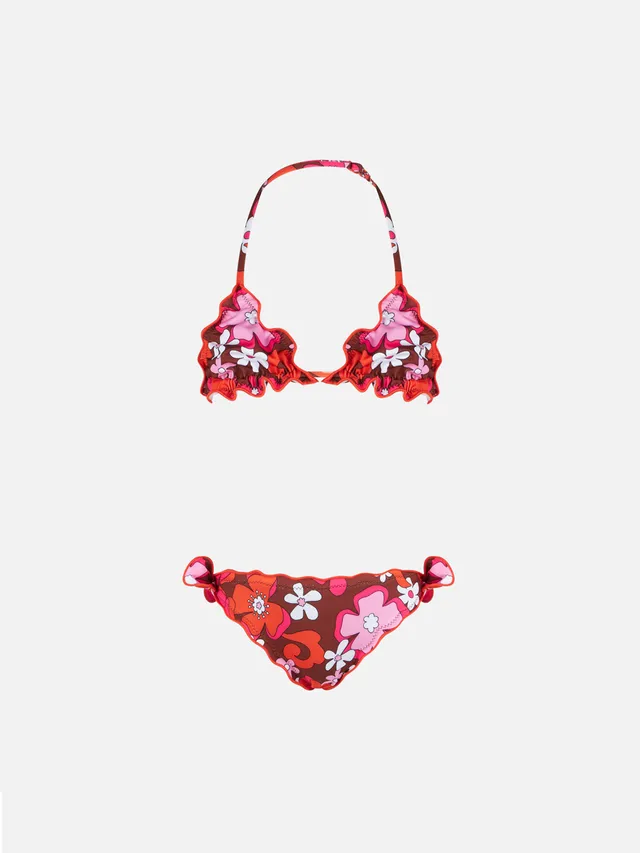 mc2-saint-barth-bikini-da-bambina-a-triangolo-con-stampa-fiori-color-marrone-mod image 1