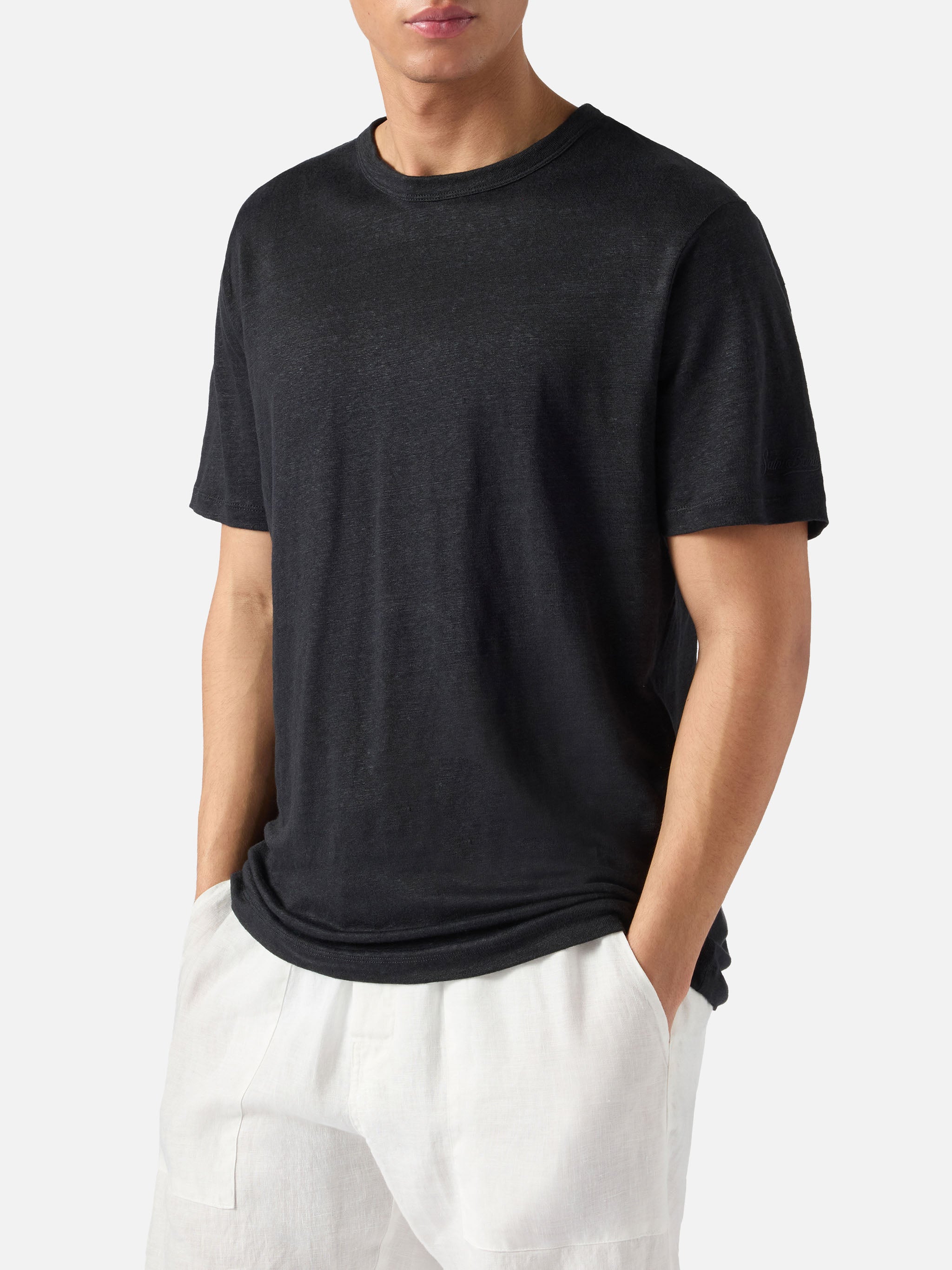 mc2-saint-barth-ecstasea-t-shirt-uomo-in-puro-lino-nero-con-logo-ricamato image 2