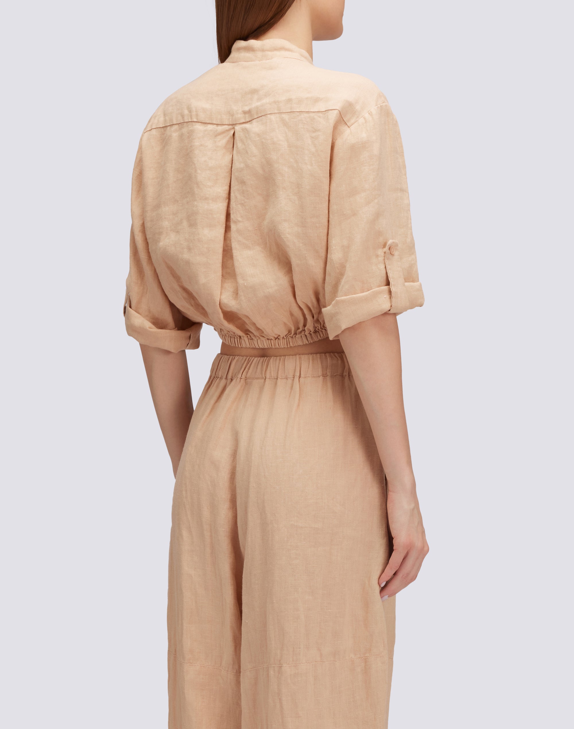 sundek-blusa-donna-in-lino-cropped-tinto-capo-con-nodo-e-collo-coreano image 2
