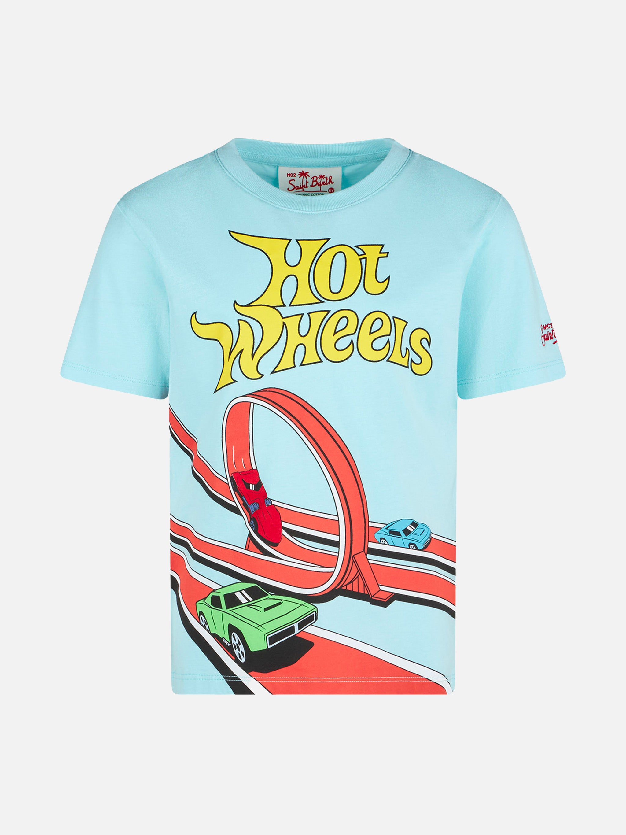 mc2-saint-barth-t-shirt-bambino-verde-acqua-cotone-stampa-hot-wheels-special-edi image 1