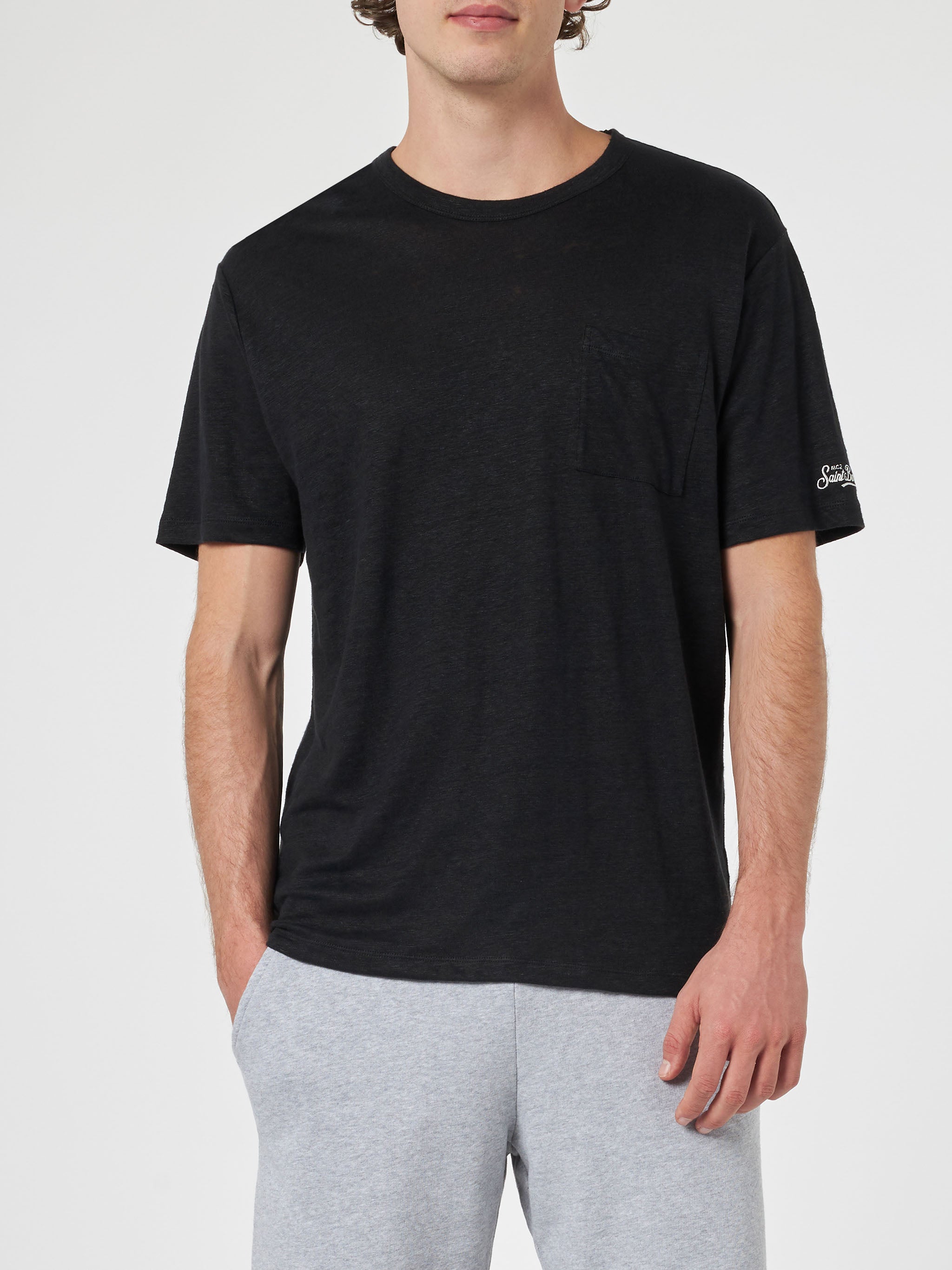 mc2-saint-barth-t-shirt-uomo-ecstasea-nera-in-lino-jersey-con-taschino image 2