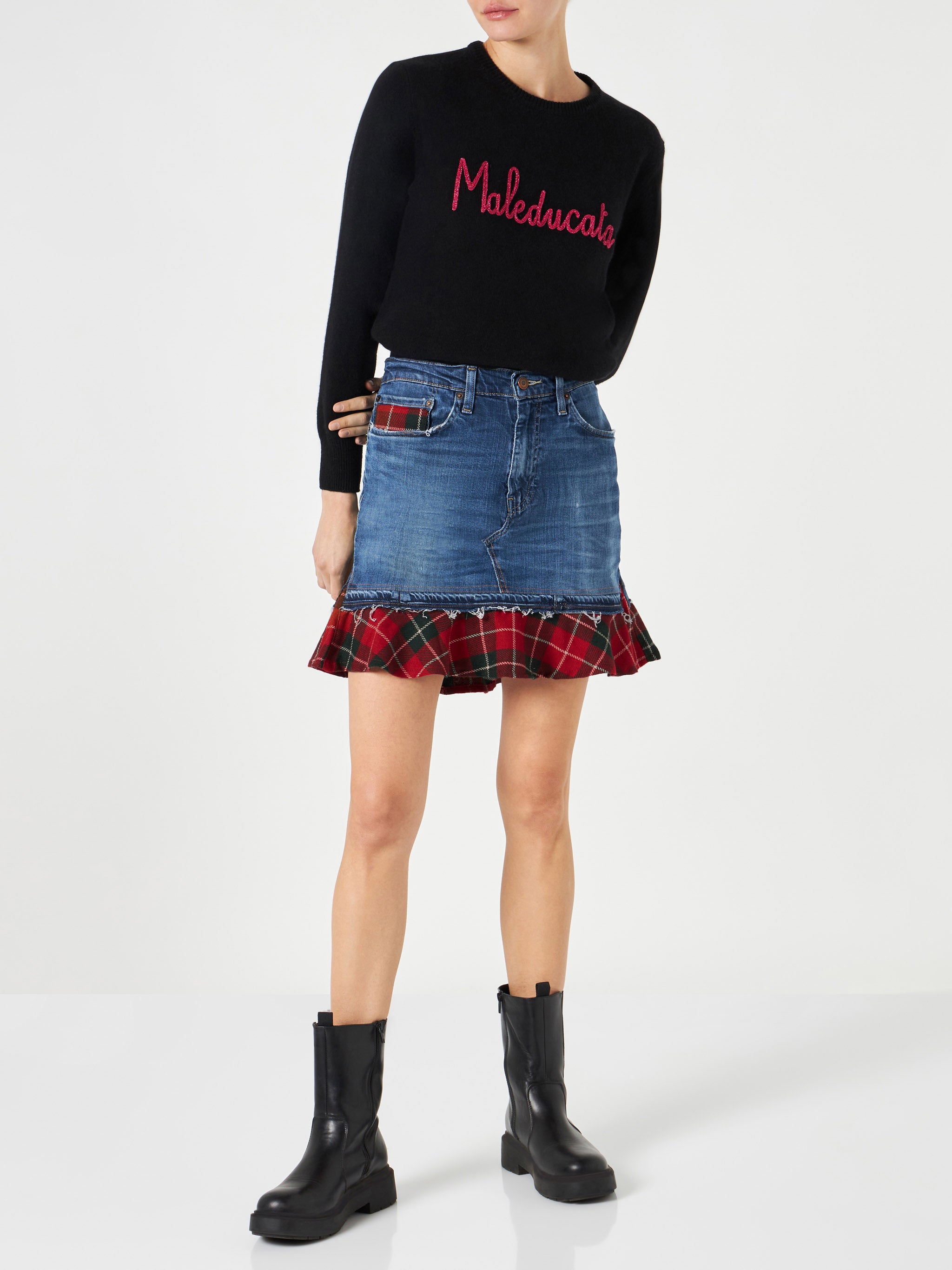 mc2-saint-barth-gonna-chelsy-donna-denim-blu-con-dettagli-tartan-rossi image 2