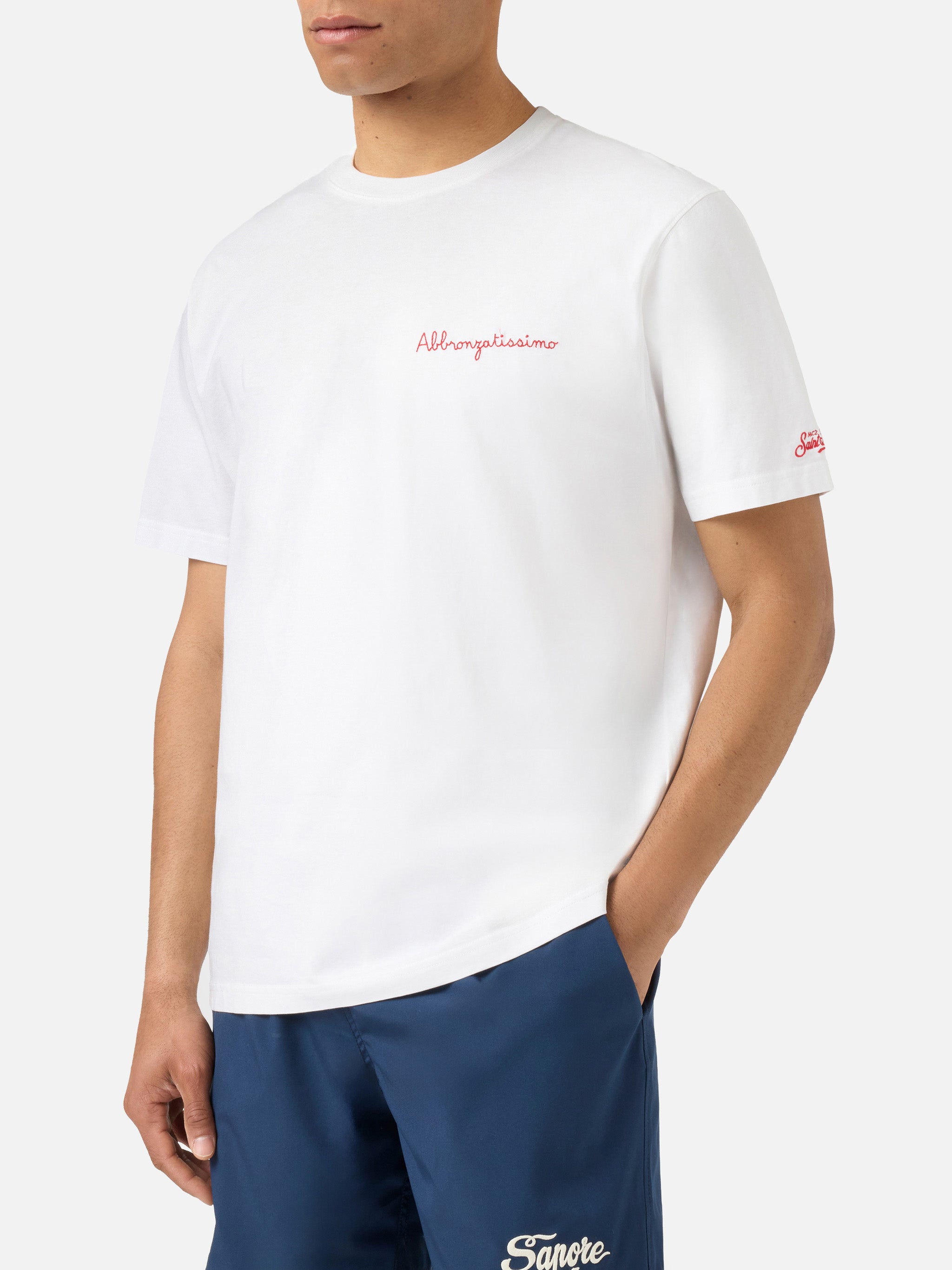 mc2-saint-barth-portofino-t-shirt-uomo-bianca-cotone-ricamo-abbronzatissimo image 2