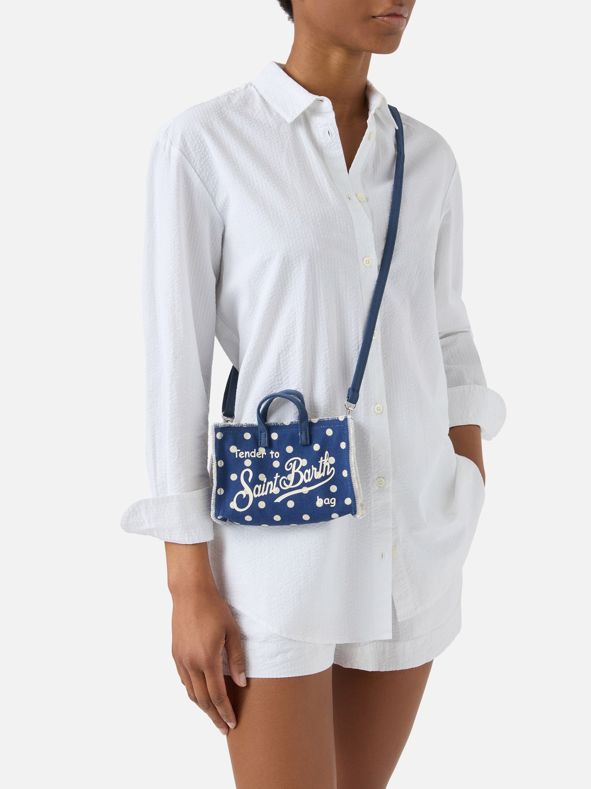 borsa-phone-micro-mc2-saint-barth-in-canvas-blu-a-pois-con-logo-a-contrasto image 2