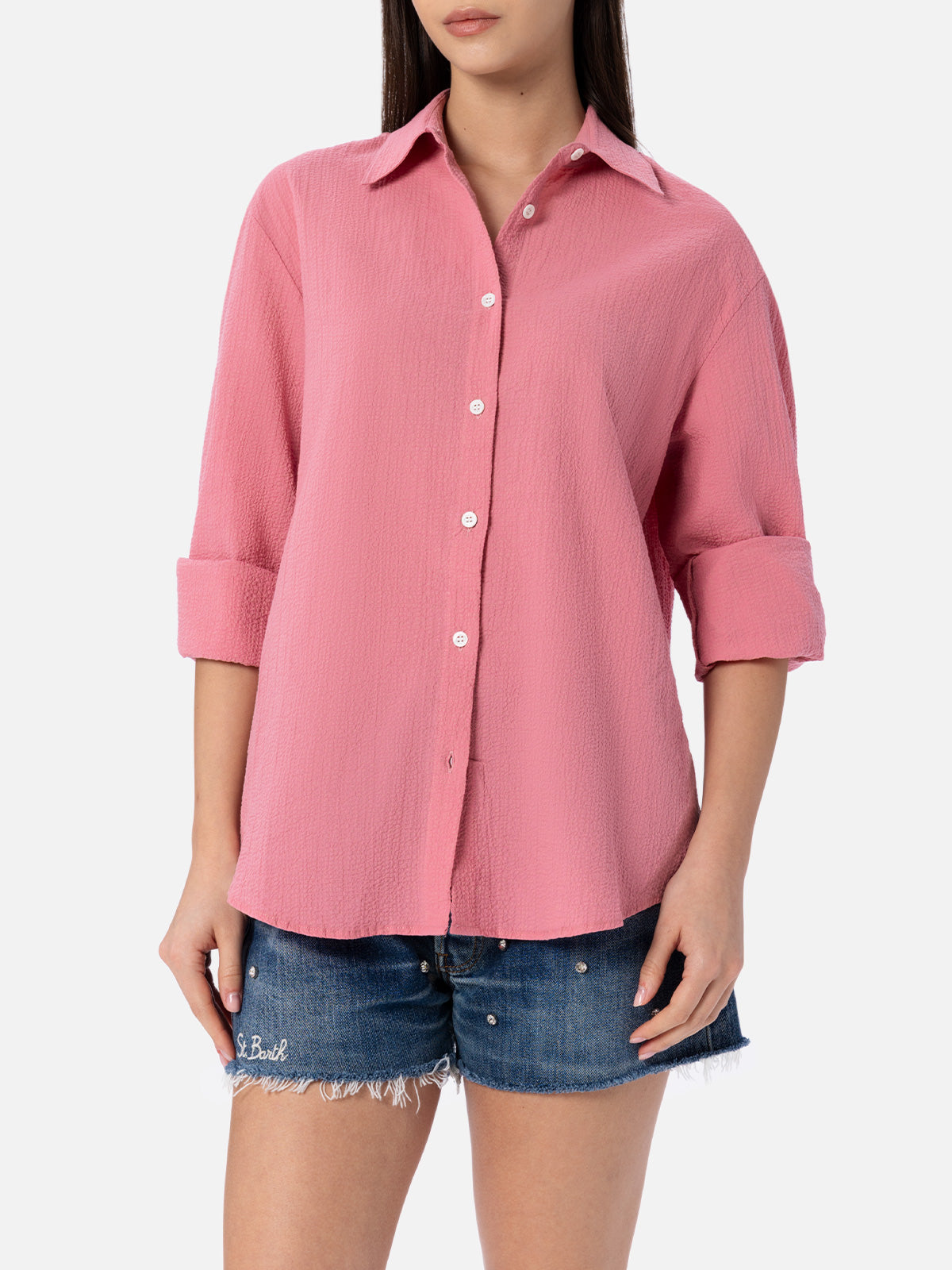 mc2-saint-barth-aisha-camicia-seersucker-rosa-tinta-unita-maniche-lunghe image 1