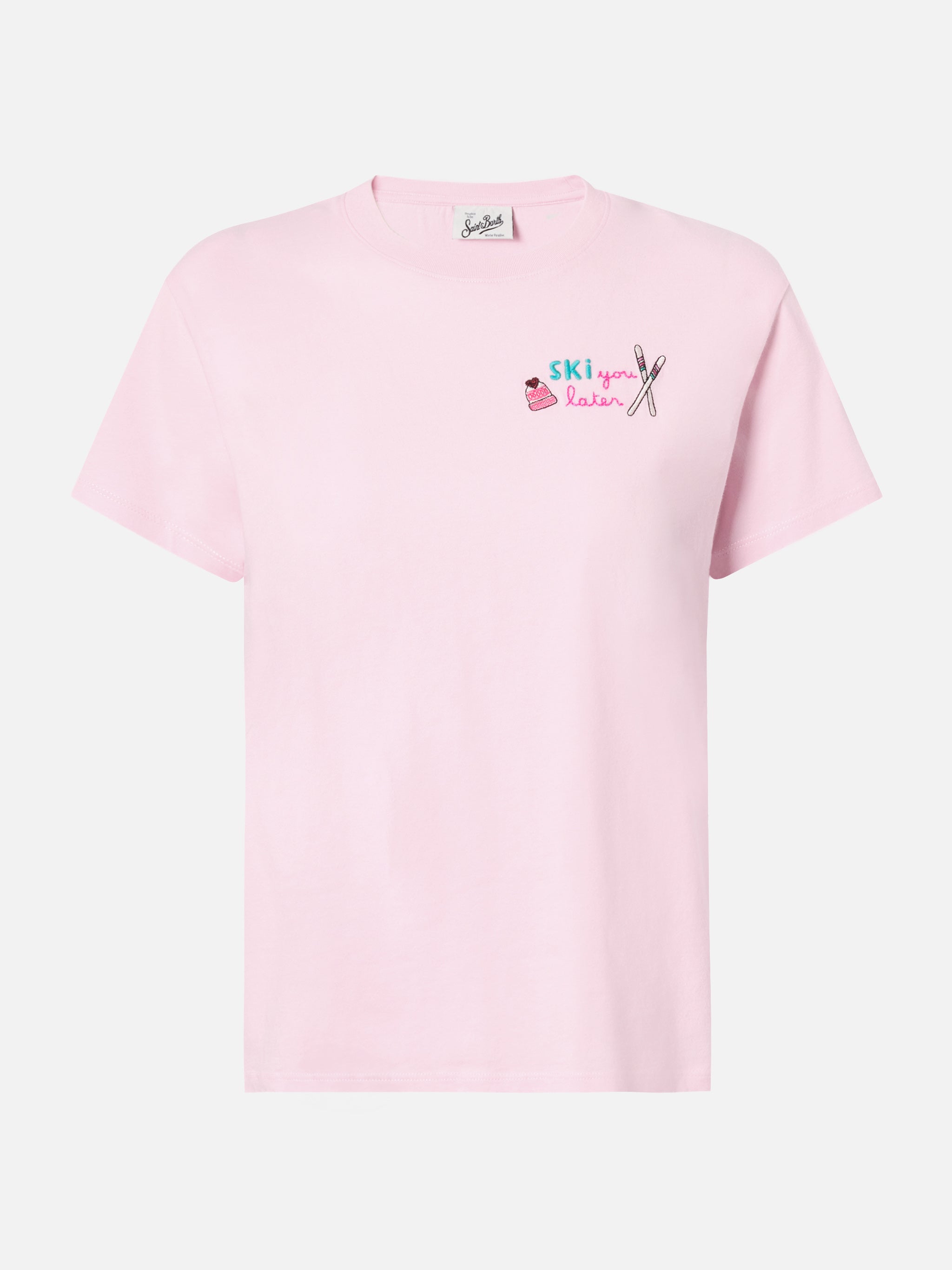 mc2-saint-barth-t-shirt-donna-emilie-cotone-rosa-ricamo-ski-you-later image 4