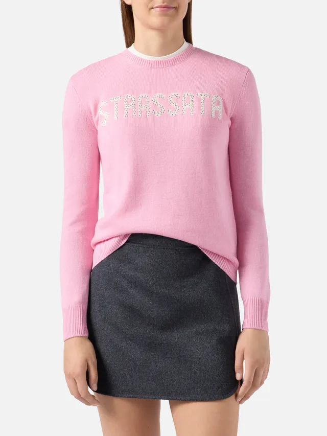mc2-saint-barth-new-queen-maglione-donna-in-misto-cashmere-rosa-con-scritta-stra image 1