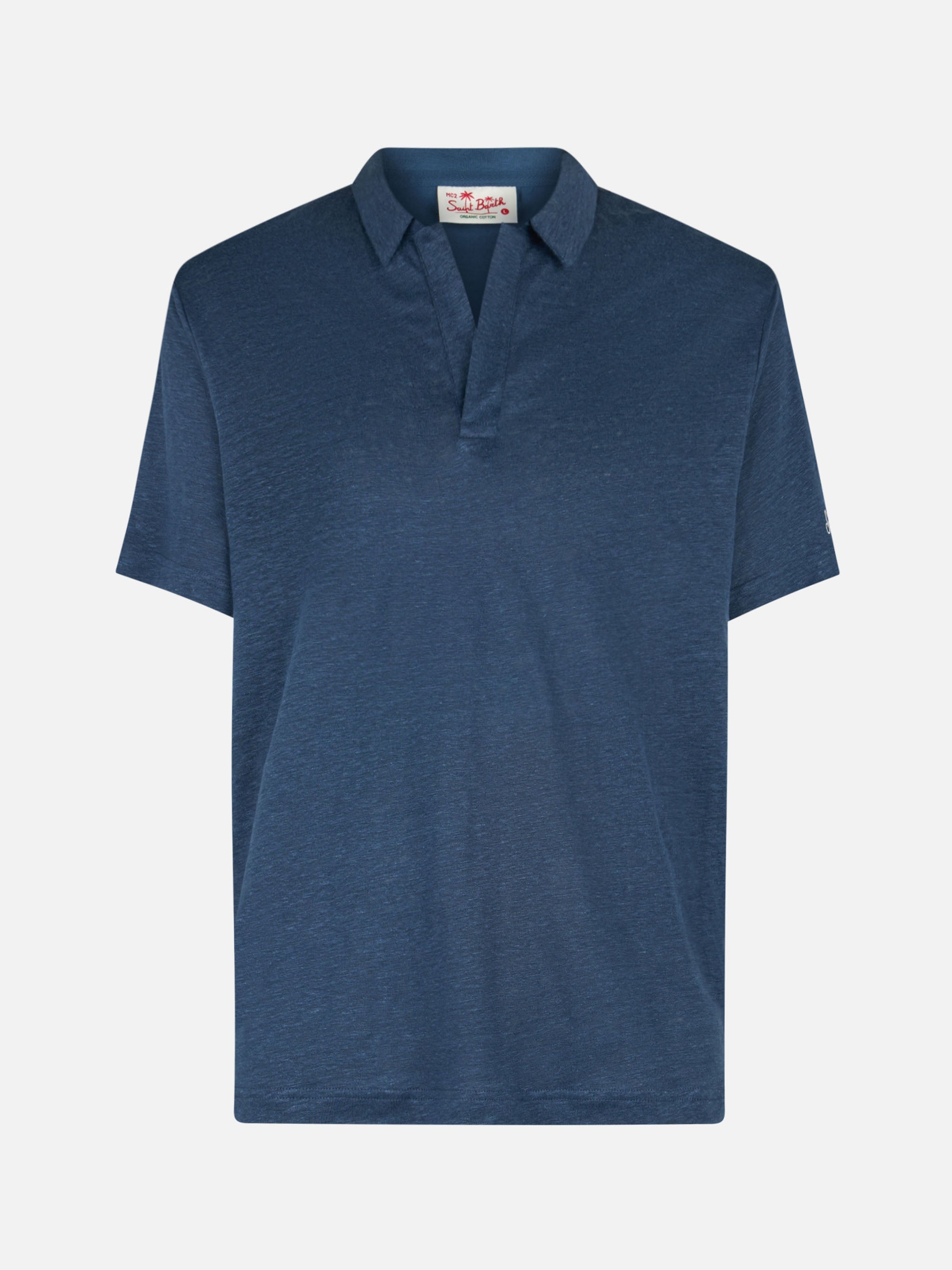 mc2-saint-barth-polo-fraser-uomo-in-lino-blu-navy-senza-bottoni image 4