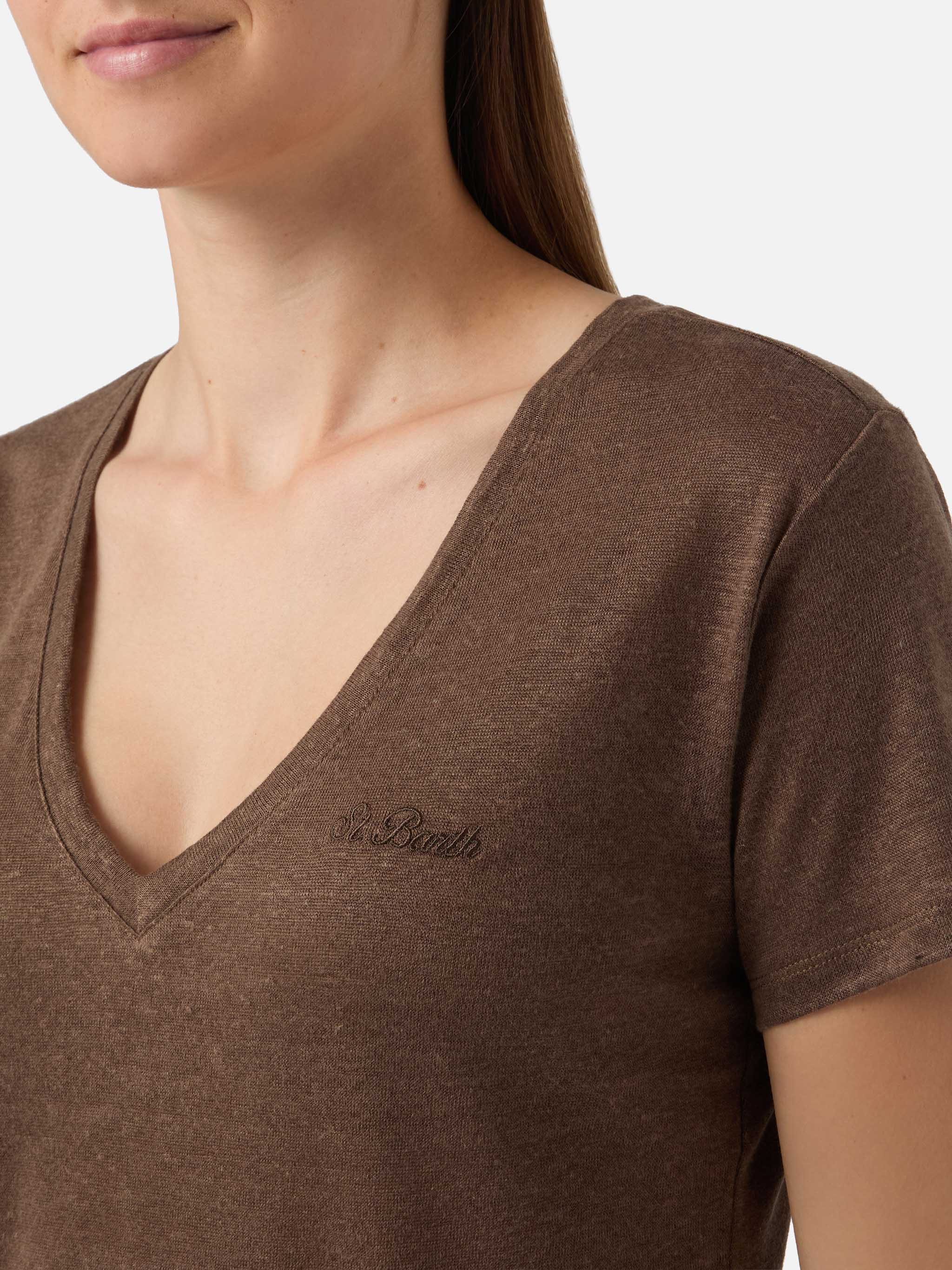 mc2-saint-barth-eloise-t-shirt-donna-lino-marrone-scollo-a-v image 3