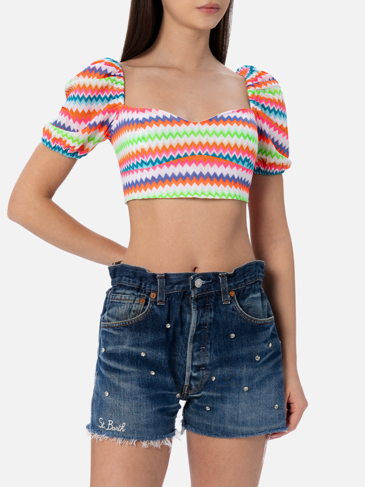 mc2-saint-barth-top-crop-delia-in-raschel-con-fantasia-chevron-fluo-arancione-e- image 2