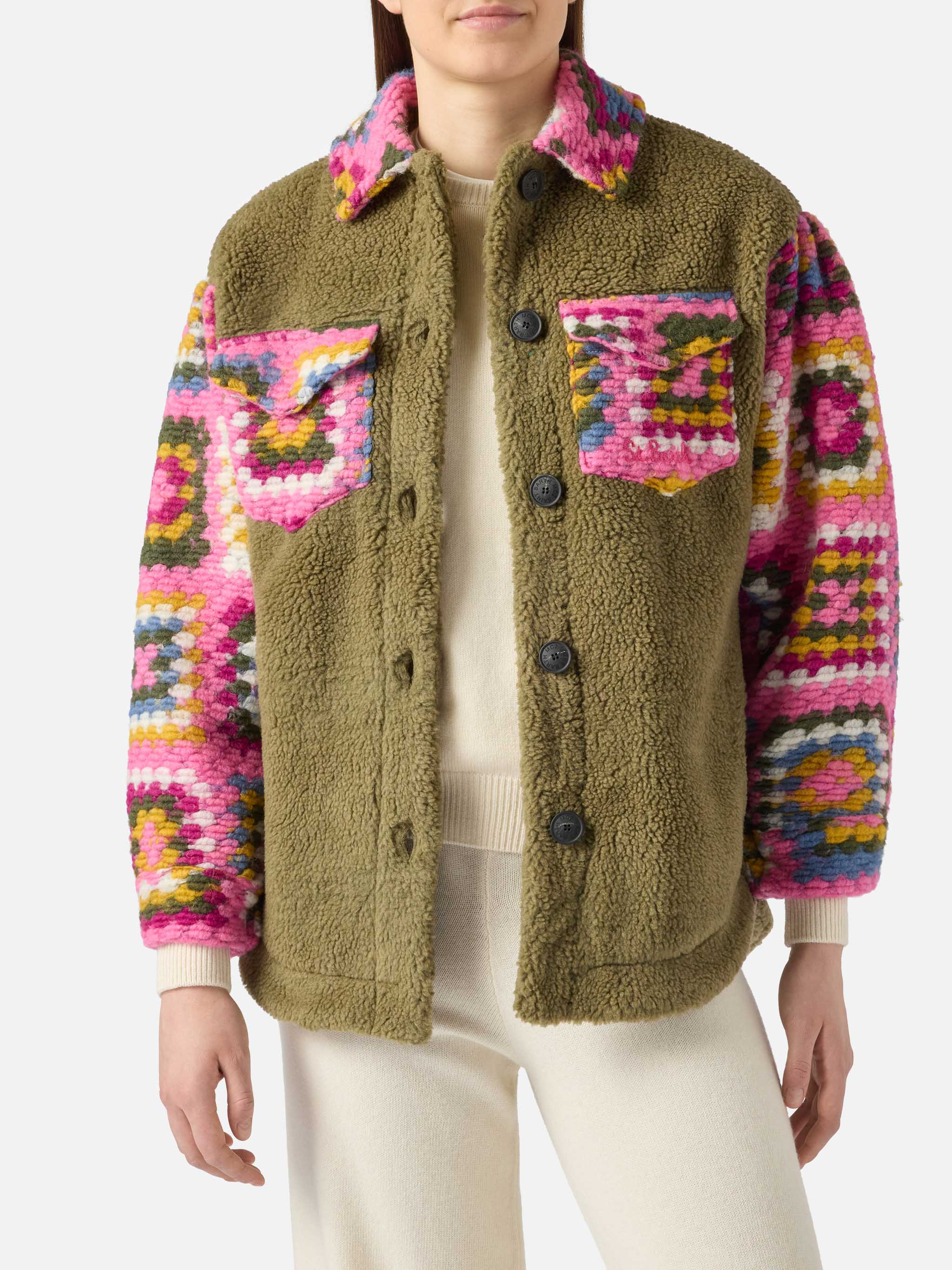 mc2-saint-barth-elys-overshirt-verde-militare-effetto-sherpa-con-crochet image 1