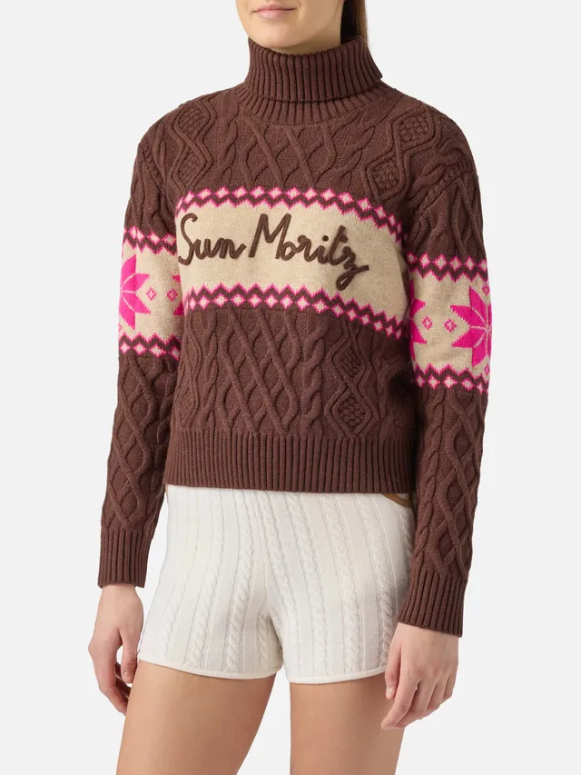 maglione-anton-mc2-saint-barth-intrecciato-marrone-con-collo-a-mezza-dolcevita image 1