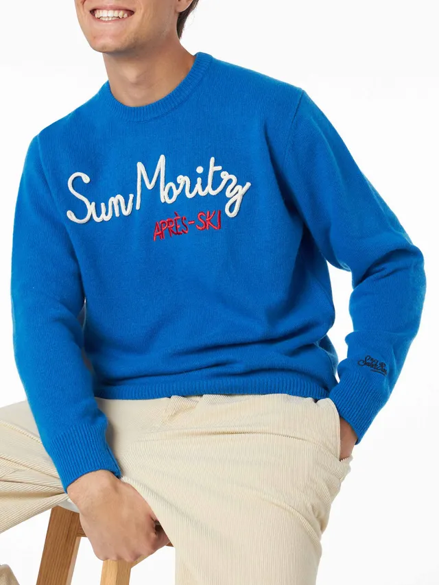 mc2-saint-barth-heron-maglia-uomo-bluette-tinta-unita-ricamo-st-moritz-apr-s-ski image 1