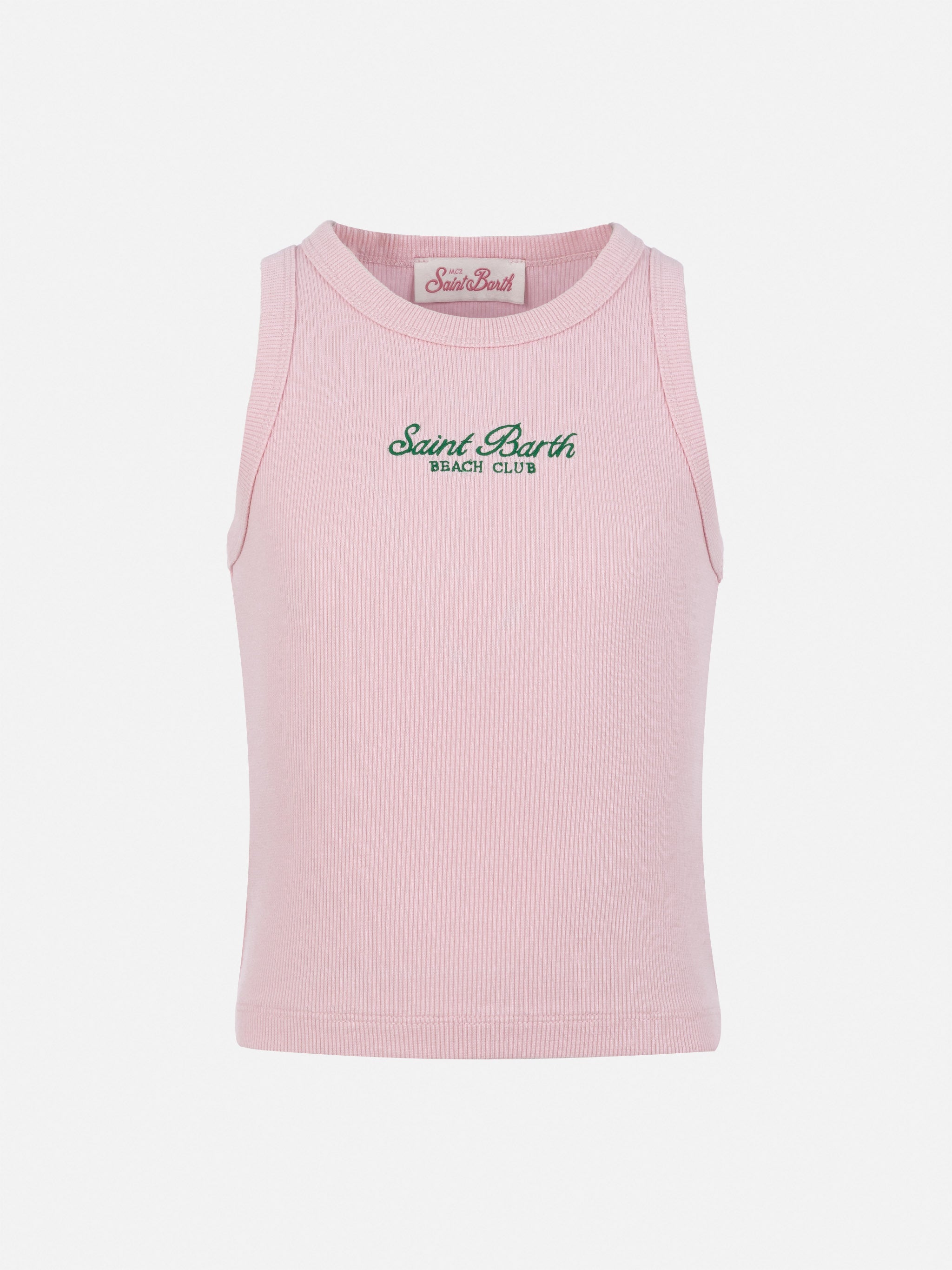 top-corto-blue-jr-mc2-saint-barth-in-maglia-a-coste-rosa-con-ricamo image 1